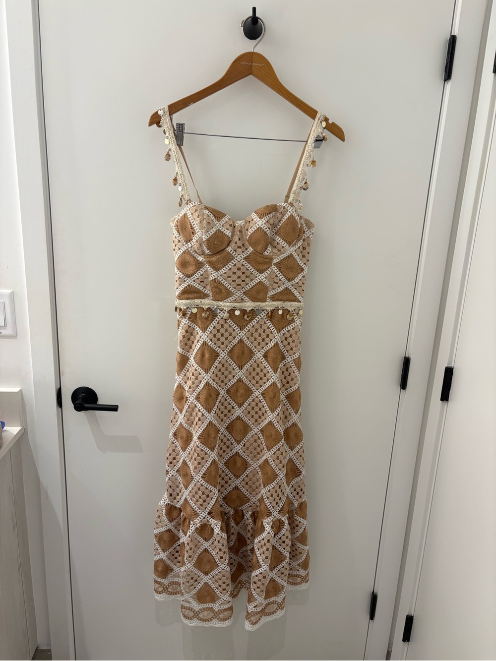 PatBO Beige and White Crochet-Accent Midi Dress